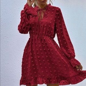 💛 Swiss Dot Tie Neck Ruffle Hem Dress